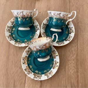 3 Set 70s Royal Albert Teal Tea Cup & Saucer “REGAL‎ SERIES" England Bone China